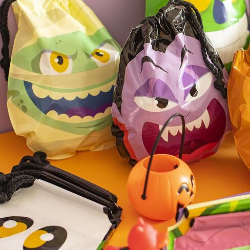 JOYIN 60PCS Halloween Drawstring Treat Bags, Goodie Candy Trick or Treat Bags Bulk in 12 Cute Monster Designs, Small Plastic Gifts Bags for Kids Trick or Treating, Halloween Party Favors Supplies in Saudi Arabia