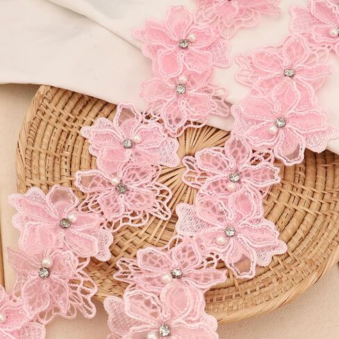 Organza Flower Trim 2 Yards 3D Pearl Beads Flower Lace Trim Embroidered Applique Sewing Craft for Sewing,DIY Crafts,Home Decor(White) in Kuwait