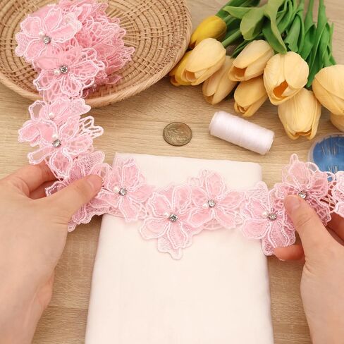 Organza Flower Trim 2 Yards 3D Pearl Beads Flower Lace Trim Embroidered Applique Sewing Craft for Sewing,DIY Crafts,Home Decor(White) in Kuwait