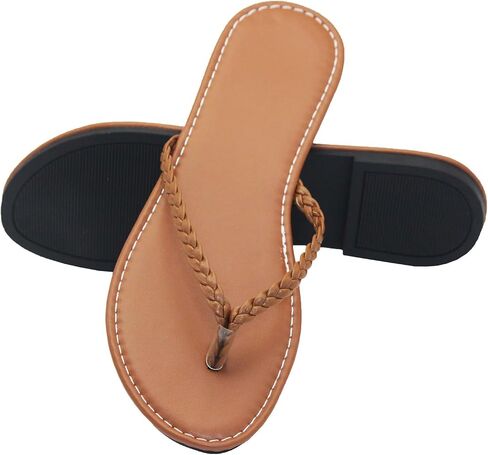 Women's Leather Flip Flops, Woven Strap PU Leather Flat Sandals Slip On Slippers Casual Beach Thongs Slides Shoes in Saudi Arabia