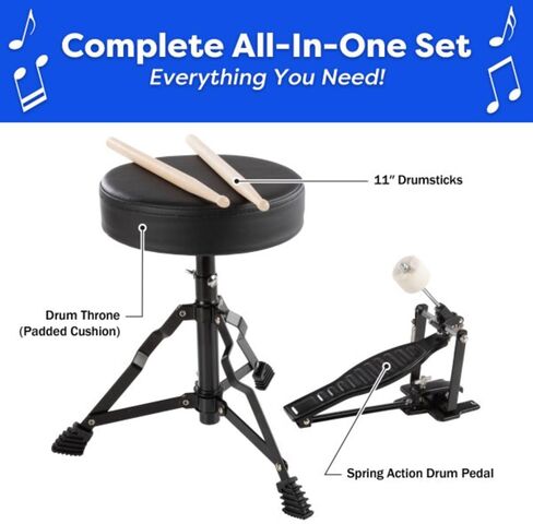 Kids Drum Set - 3-Piece Drum Kit with Cymbal, 2 Toms, Bass Drum and Pedal, Drumsticks, and Throne - Beginner Musical Instruments by Hey Play (Black) in Saudi Arabia
