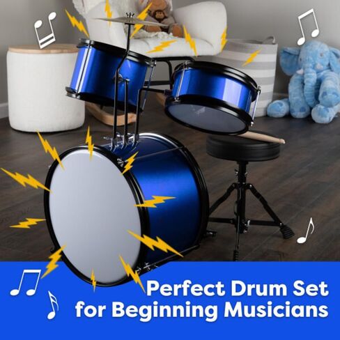 Kids Drum Set - 3-Piece Drum Kit with Cymbal, 2 Toms, Bass Drum and Pedal, Drumsticks, and Throne - Beginner Musical Instruments by Hey Play (Black) in Saudi Arabia