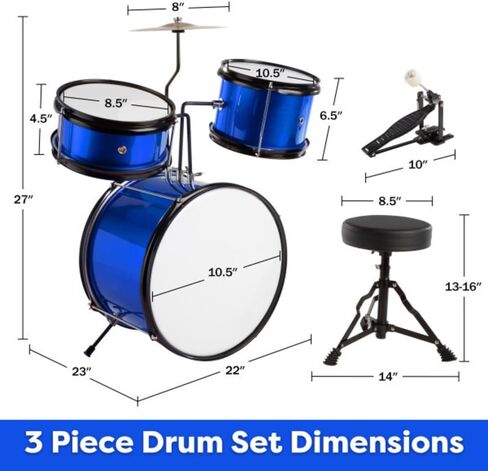 Kids Drum Set - 3-Piece Drum Kit with Cymbal, 2 Toms, Bass Drum and Pedal, Drumsticks, and Throne - Beginner Musical Instruments by Hey Play (Black) in Saudi Arabia