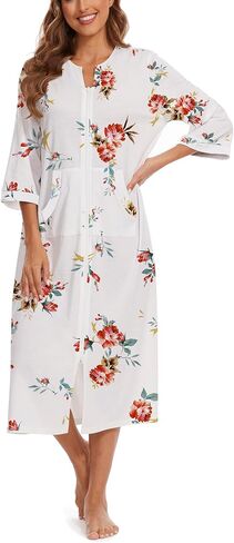 Zipper Robes for Women 3/4 Sleeve Housecoats Long Lightweight Bathrobe House Dress with Pockets in Saudi Arabia