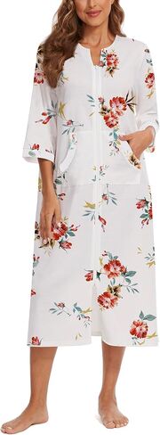 Zipper Robes for Women 3/4 Sleeve Housecoats Long Lightweight Bathrobe House Dress with Pockets in Saudi Arabia