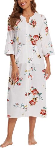 Zipper Robes for Women 3/4 Sleeve Housecoats Long Lightweight Bathrobe House Dress with Pockets in Saudi Arabia