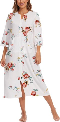 Zipper Robes for Women 3/4 Sleeve Housecoats Long Lightweight Bathrobe House Dress with Pockets in Saudi Arabia