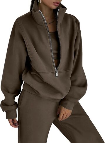 بدلة رياضية نسائية من الصوف من COZYPOIN مكونة من قطعتين سويت شيرت بنصف سحاب وسروال للركض طقم رياضي Y2K (قهوة -L) in Kuwait
