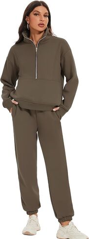 بدلة رياضية نسائية من الصوف من COZYPOIN مكونة من قطعتين سويت شيرت بنصف سحاب وسروال للركض طقم رياضي Y2K (قهوة -L) in Kuwait