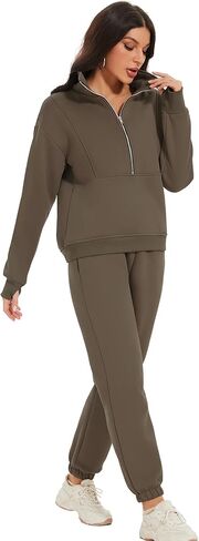 بدلة رياضية نسائية من الصوف من COZYPOIN مكونة من قطعتين سويت شيرت بنصف سحاب وسروال للركض طقم رياضي Y2K (قهوة -L) in Kuwait