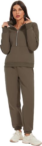 بدلة رياضية نسائية من الصوف من COZYPOIN مكونة من قطعتين سويت شيرت بنصف سحاب وسروال للركض طقم رياضي Y2K (قهوة -L) in Kuwait