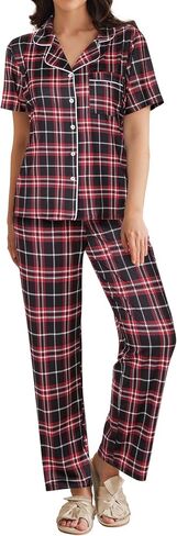 Ekouaer Womens Pajamas Set Plaid PJs Soft Button Down Sleepwear Short Sleeve Nightwear with Long Pants in Saudi Arabia