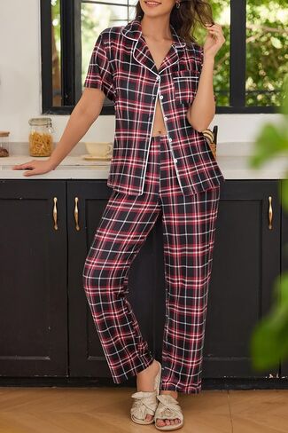 Ekouaer Womens Pajamas Set Plaid PJs Soft Button Down Sleepwear Short Sleeve Nightwear with Long Pants in Saudi Arabia