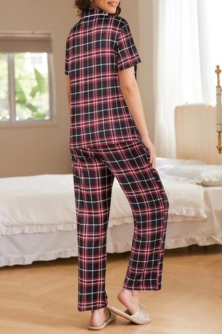 Ekouaer Womens Pajamas Set Plaid PJs Soft Button Down Sleepwear Short Sleeve Nightwear with Long Pants in Saudi Arabia