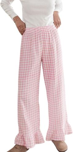 Womens Gingham Pants Wide Leg Lounge Pants Y2k Plaid Print Ruffle Hem Loose Trouser in Saudi Arabia