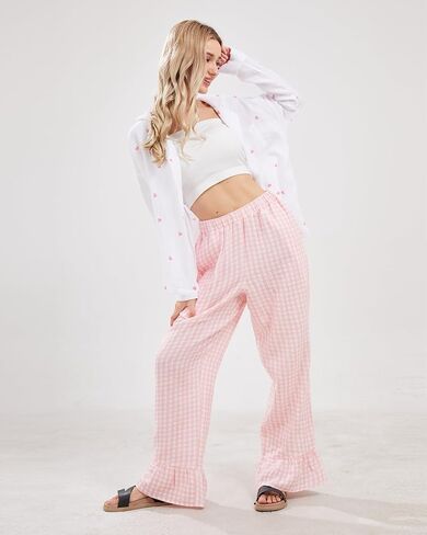 Womens Gingham Pants Wide Leg Lounge Pants Y2k Plaid Print Ruffle Hem Loose Trouser in Saudi Arabia