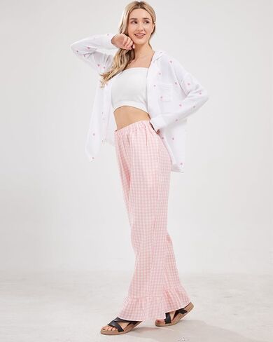 Womens Gingham Pants Wide Leg Lounge Pants Y2k Plaid Print Ruffle Hem Loose Trouser in Saudi Arabia