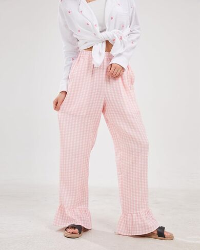 Womens Gingham Pants Wide Leg Lounge Pants Y2k Plaid Print Ruffle Hem Loose Trouser in Saudi Arabia