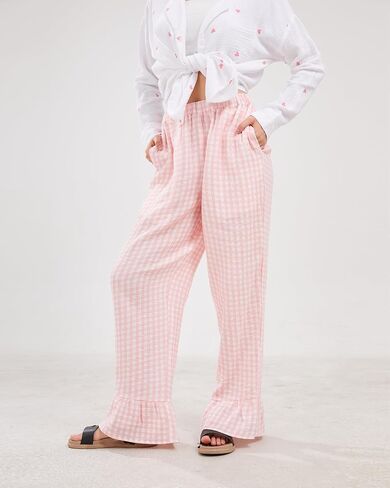 Womens Gingham Pants Wide Leg Lounge Pants Y2k Plaid Print Ruffle Hem Loose Trouser in Saudi Arabia