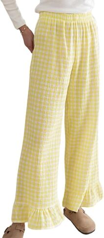 Womens Gingham Pants Wide Leg Lounge Pants Y2k Plaid Print Ruffle Hem Loose Trouser in Saudi Arabia