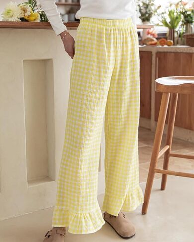 Womens Gingham Pants Wide Leg Lounge Pants Y2k Plaid Print Ruffle Hem Loose Trouser in Saudi Arabia