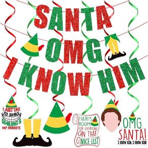 Santa OMG I Know Him Banner,Christmas Party Decorations,Christmas Mantle Home Decor,Buddy The Elf Party Supplies for Kids Boy and Girl