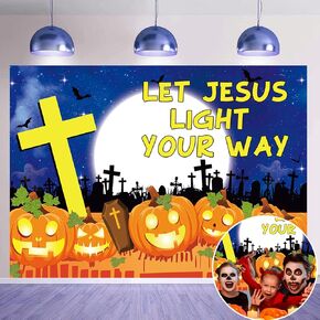 Halloween Christian Pumpkin Backdrop Let Jesus Light Your Way Photography Background Horror Hallowmas Religious Cemetery Banner for Halloween Sunday School Party Decor Supplies (6X4FT(70 x 40 inch))