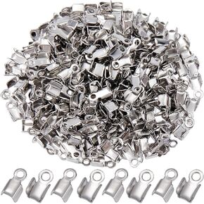 1 Box 300Pcs Fold Crimp Ends Fold Over Cord End Stainless Steel Folding End Caps Fold-over Crimp End Tips Silver Terminators Connector Findings for Jewelry Making Supplies DIY Crafts Necklace