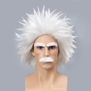 Mad Scientist Wig Short White Crazy Wig with Eyebrows Mustache Up Set for Halloween Costume Cosplay