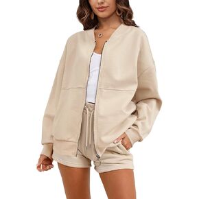 SuperPrity Women Crewneck Zip Up Sweatshirts Long Sleeve Oversized Jacket Coat Pocket Casual Hoodie 2024 Fall Trendy Outfits