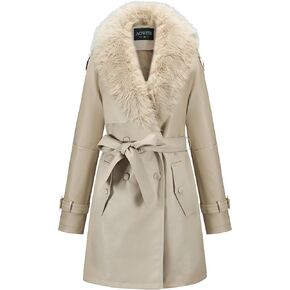 Women Faux Leather Trench Long Coat wiht Fur Collar,Mid Length Double-Breasted Overcoat Jacket Fur Lined