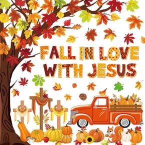 100Pcs Fall in love with Jesus Bulletin Board Set Fall Christian Decoration Cut-Outs Paper Poster Banner with Fall Tree Leaves Pumpkin Cross Truck Patterned for Religious Church Classroom Decor