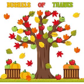 BeYumi Fall Harvest Bulletin Board - 88Pcs Fall Bushels of Thanks Bulletin Board Set Thanksgiving Apple Tree Pumpkin Harvest Basket Cutout Border Trim Thankful Themed School Classroom Chalkboard Decor