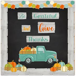 Fulmoon 32 Pcs Give Thanks Bulletin Board Set Fall Thanksgiving Bulletin Board Decorations Farmhouse Pumpkin Maple Leaves Truck Cutouts with Glue Point for Home School Office Wall Decor Party Supplies