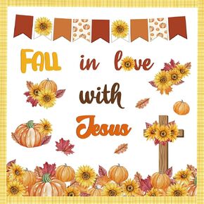 Fall Bulletin Board Decorations for Classroom 84Pcs Fall in Love with Jesus Sunflower Pumpkin Cutouts for Sunday School Classroom Decor Halloween Thanksgiving Party Supplies Door Wall Decals