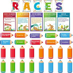 Outus 36 Pcs RACES Writing Strategy Bulletin Board Poster Set, Alphabet Cutout and Writing Posters, Pencils with Sentence Beginning and Blank Pencils for Elementary School Classroom Wall Decoration