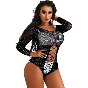 Kaei&Shi Sparkly Rhinestone Fishnet Bodysuit,Sexy Rave Outfits,Women Cut Out Mesh Sheer Body Suit