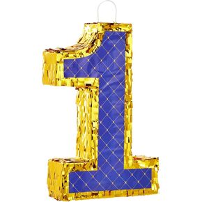 BLUE PANDA - Small Royal Blue and Gold Number 1 Pinata with Pull Strings for 1st Birthday Party Table Decorations, 16.5 x 10.6 x 3 In