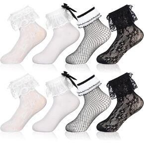 Geyoga 4 Pairs Halloween Lace Ruffle Frilly Ankle Socks Women Mesh Lace Loose Socks Fishnet Socks Ankle Dress Socks No Show Socks for Ladies Princess