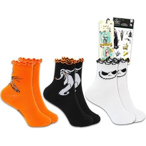 Nightmare Before Christmas Halloween Socks - Bundle with 3 Pairs of Socks Shoe Size 4-10, Stickers | Jack Skellington Set for Girls, Teens, Women