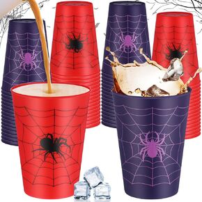 Irenare 48 Pcs Halloween Plastic Cups Spider Party Supplies Tumblers Spider Cups Bulk Spider Web Reusable Black Red and Purple Spider Themed Birthday Drinkware for Holiday Party Supplies