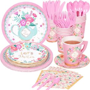 DECORLIFE Tea Party Supplies Serves 16, Tea Party Plates and Napkins Sets Include Paper Saucers, Teacups with Handles, Tableware for Girl's Birthday, Tea Party Decorations, Total 128 PCS