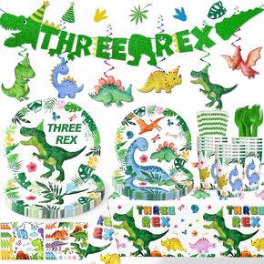 164pcs Three Rex Dinosaur 3rd Birthday Decorations Boy Tableware, 3 Rex Banner, Tablecloth, Plates, Cups, Napkins, Forks, Straws, Hanging Swirls, Green, Dark Blue, Rose Red
