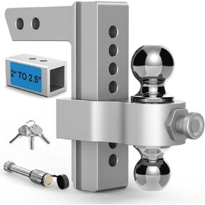 Adjustable Trailer Hitch, Drop Hitch Fits 2 & 2.5 Inch Receiver, Aluminum Tow Hitches w/ 8-in Drop/Rise, GTW 12,500 LBS Dual Ball (2" x 2-5/16"), Heavy Duty Towing Hitch Ball Mount