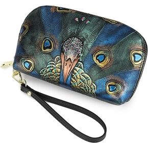 Embossed Genuine Leather Clutch Purse Women's Handbag with Wristlet Strap