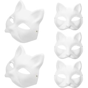 5Pcs White Paper Cat Mask Hand Painted Mask Cosplay Cat Mask for Holiday Masquerade DIY Party Costume