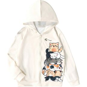 WDIRARA Girl's Cartoon Cat Print Zipper Front Hoodie Long Sleeve Sweatshirt Hooded Top
