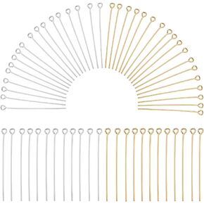 1 Box 600Pcs Jewelry Eye Pins Bulk Long Eye Pin 40mm Eyepins Gold Silver Headpins Brass Open Head Pins Findings for Jewelry Making Accessories DIY Necklaces Bracelets Earrings Crafts Supplies