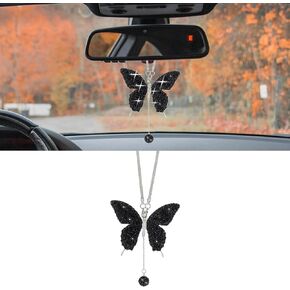 Bling Butterfly Diamond Car Accessories, Crystal Car Rear View Mirror Charms for Women, Car Decoration Lucky Hanging Interior Crystal Ornament Pendant Decor for All Cars (Black)