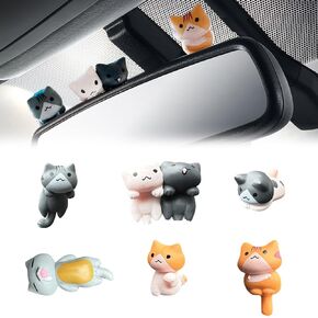 Car Cute Cat Decor Rearview Mirror Ornaments Decorations Dashboard Truck Interior Ornament Decorate Funny Pussy Figure EV Decorative Gifts RV Decors Universal Accessories (6 Pcs)